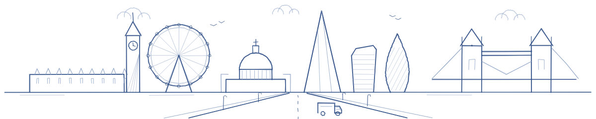 Pencil sketch of the London skyline, from Westminster to Tower Bridge, with a Parcelink van coming up the street